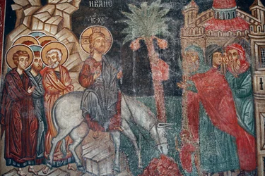 Das byzantinische Fresko aus dem 15. Jahrhundert Der Einzug in Jerusalem Wandmalerei Michael-Archangel-Kirche in Pedoulas, Zypern, Bemalte Kirchen UNESCO-Stätte Troodos, Zypern
